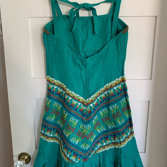 Free People Turquoise Linen Embroidered Dress Size 2 - Picture 2 of 6
